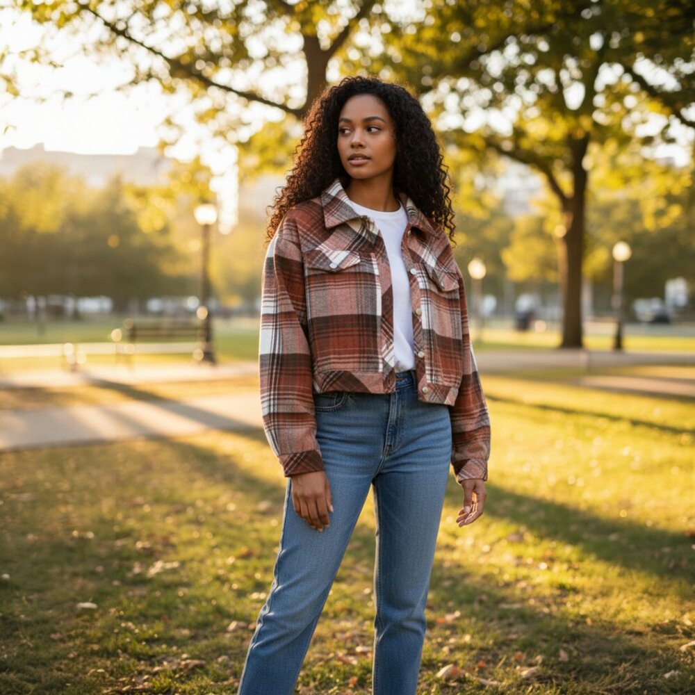 Cropped Plaid Shacket Jacket Rust Brown Button Up Cozy Fall Layer
